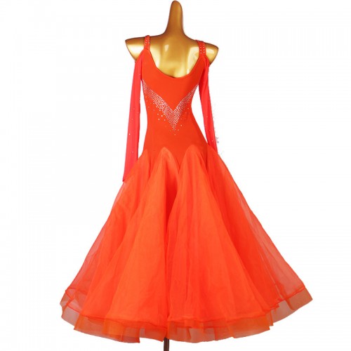 Custom size women girls orange competition ballroom dancing dresses hollow shoulder long sleeves waltz tango foxtrot smooth dance long skirts